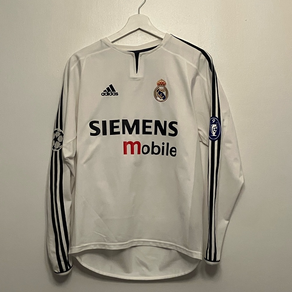 2003/04 Real Madrid Long Sleeve Home Size S with Beckham & Champs League badges